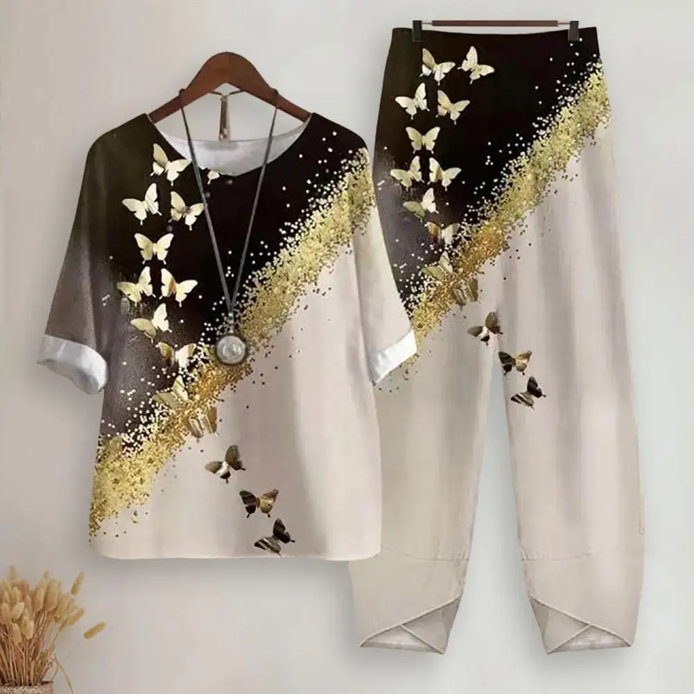 

Stylish Lady Top Trousers Set Casual Spring Blouse Trousers Set Half Sleeves Plus Size Lady Top Trousers Set Match Shoes