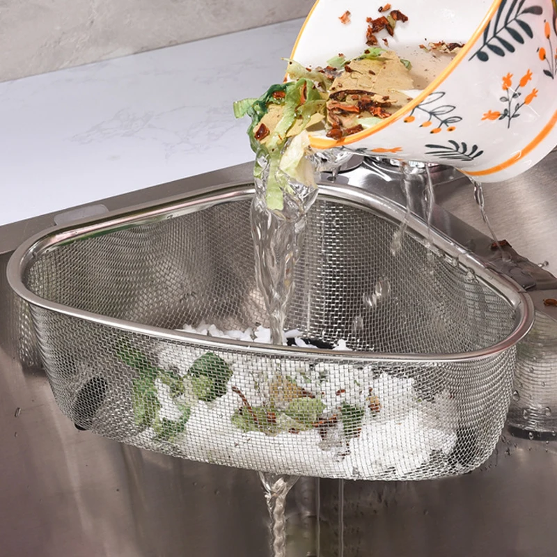 

Сливная корзина для кухонной раковины из нержавеющей стали, треугольный органайзер для хранения пищевых продуктов, овощей, яиц, фильтров, кухонная полка, сливная полка
