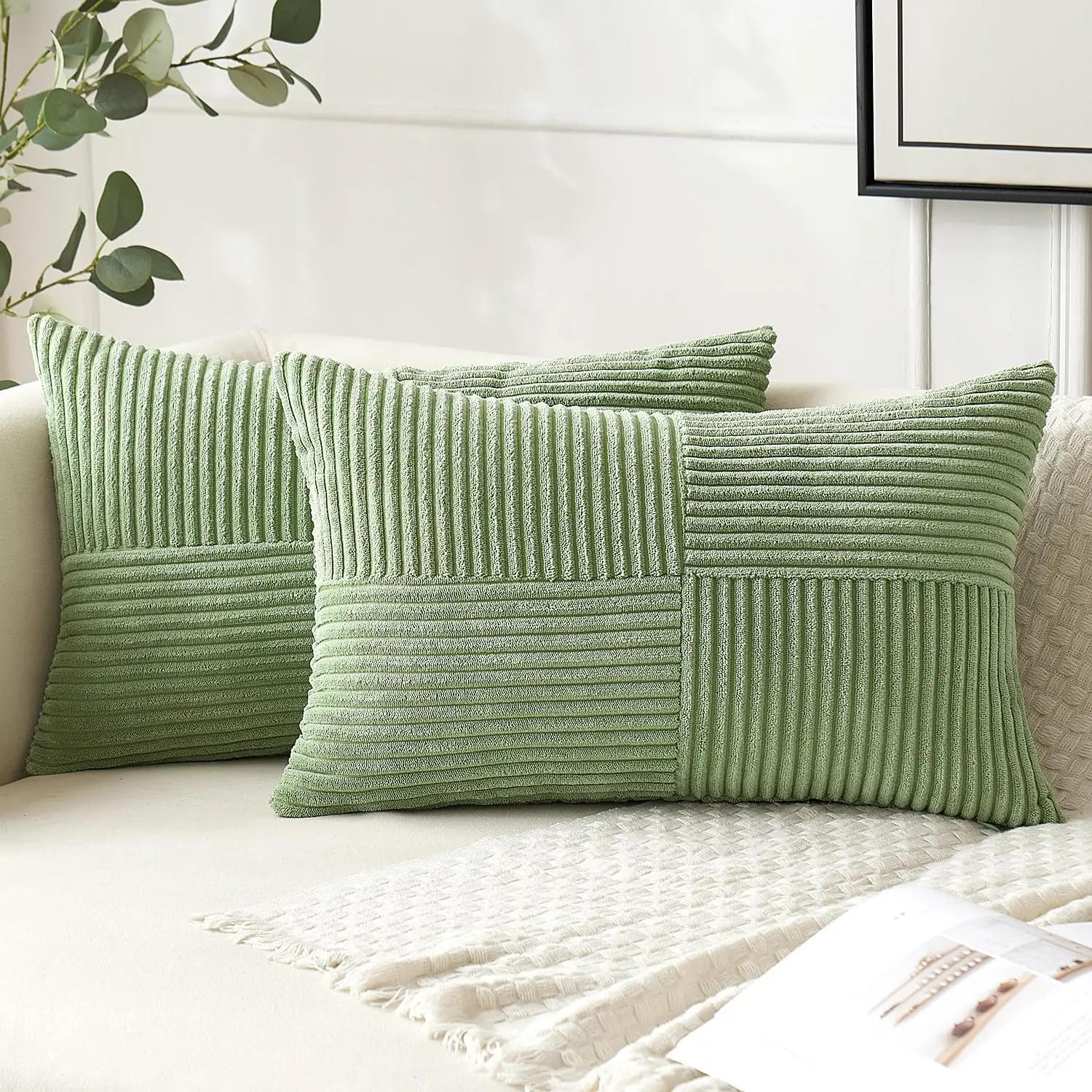 Description Picture 5 of itemBrown Throw Pillow Covers 12x20 Inches Rectangular Cushion Cases Patchwork Textured Striped Corduroy Throw Pillowcase for Couch
