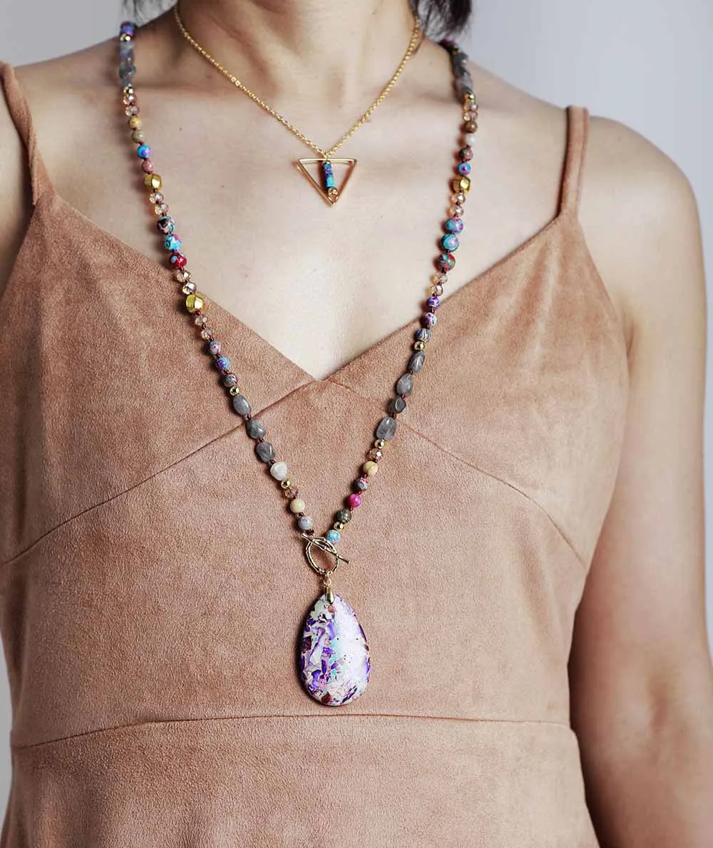 Vibrant Natural Stone Beads Reiki Teardrop Pendant Necklaces Knotted Meditation Yoga Necklace Jewelry