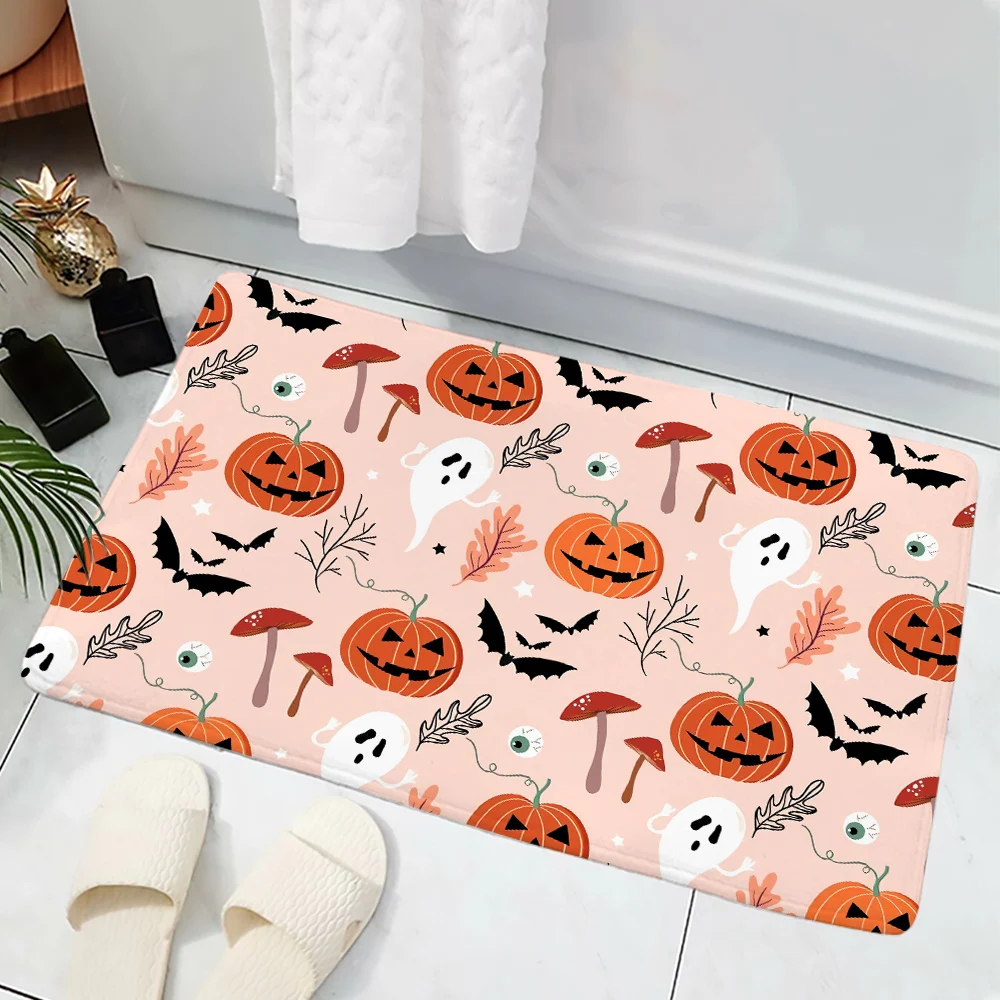

HX Halloween Doormats Funny Cute Plant Mushroom Pumpkin 3D Printed Indoor Hallway Floor Mats Flannel Bath Mat Home Decor