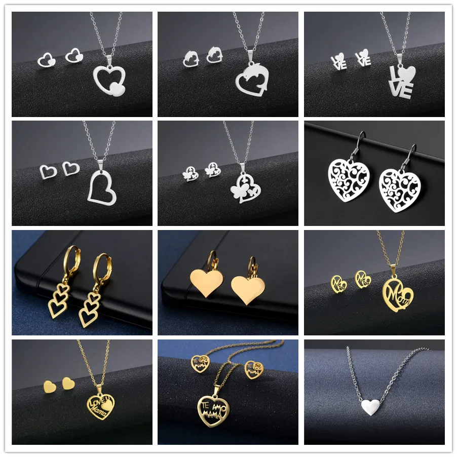 Sterlina Oro Set Gioielli In Acciaio Inox: Orecchini E Collana Con Ciondolo Cuore In Oro E Argento Anello Pandora Cuore