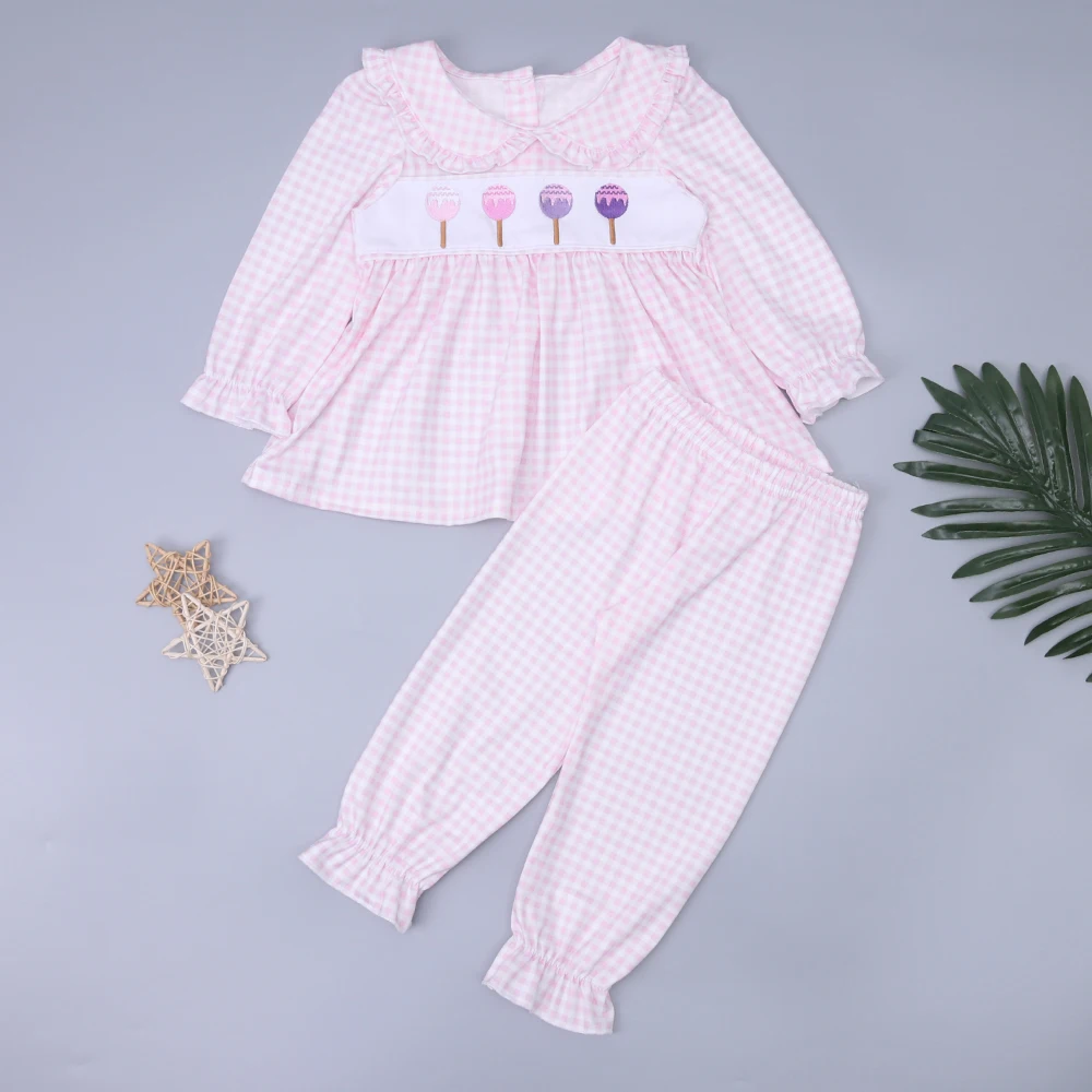 

1-8t Baby Girl Clothes Pink Cute Style Sets With Lollipop Embroidery Doll Collar Top+Long Casual Pants Striped Plaid 2pcs Suits