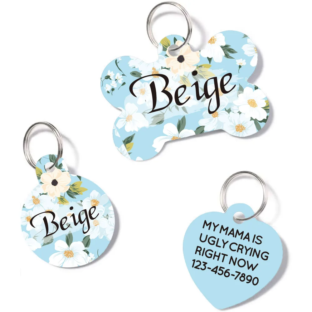 

Personalized Pet Tags with Colorful Design Printed Flowers and Plants, Stainless Steel Dog Tags with Custom Name and Address