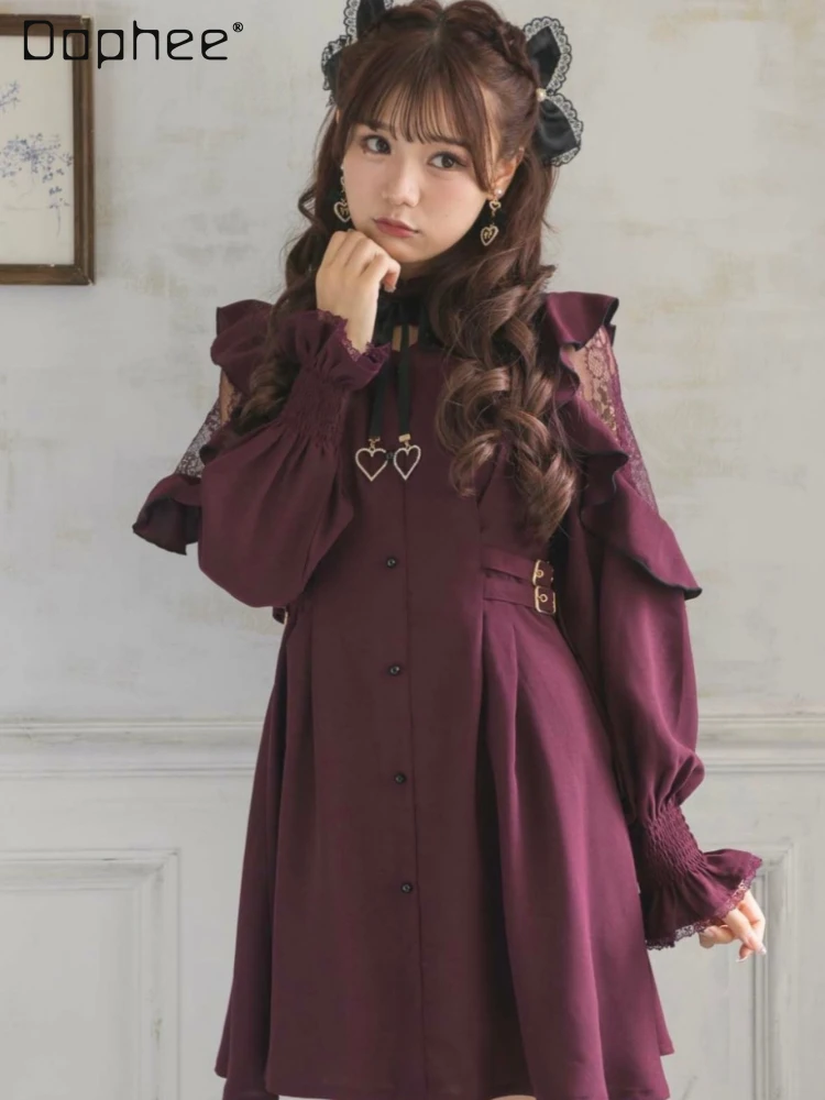 

Japanese Style Lolita Cute Wine Red Short Dress Elegant Sweet Lace Love Pendant Ribbon Bow Mass Production Mine Waist Dresses