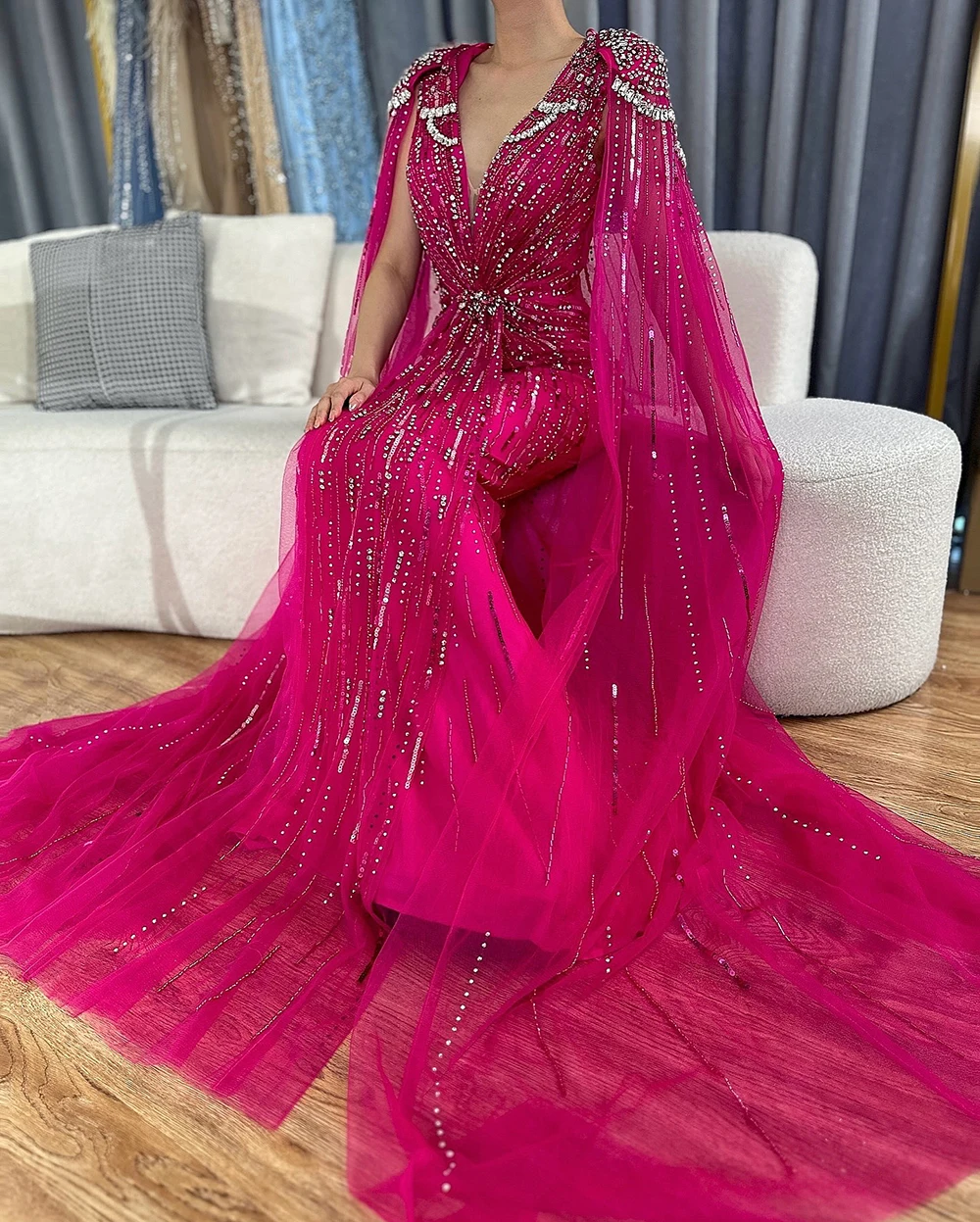 Customized Women Evening Dresses Gowns With Beaded With Cape For Wedding Party