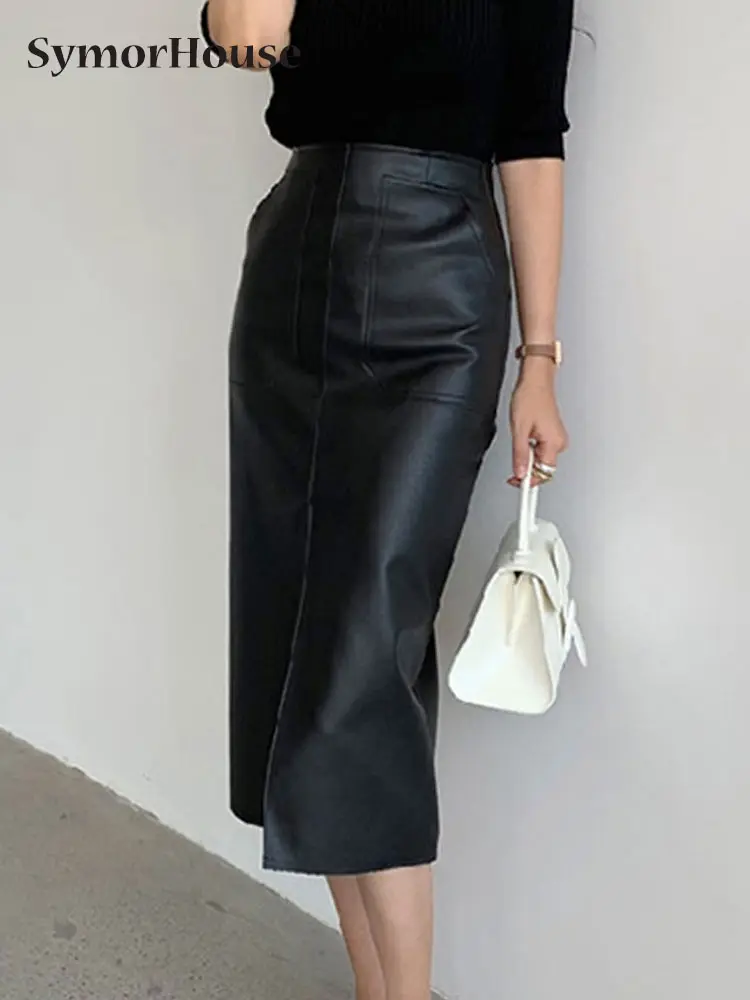 

2023 Women PU Leather Midi Skirt Autumn Winter High Waist Ladies Package Hip Front Slit Pencil Skirt Female Streetwear Bottoms