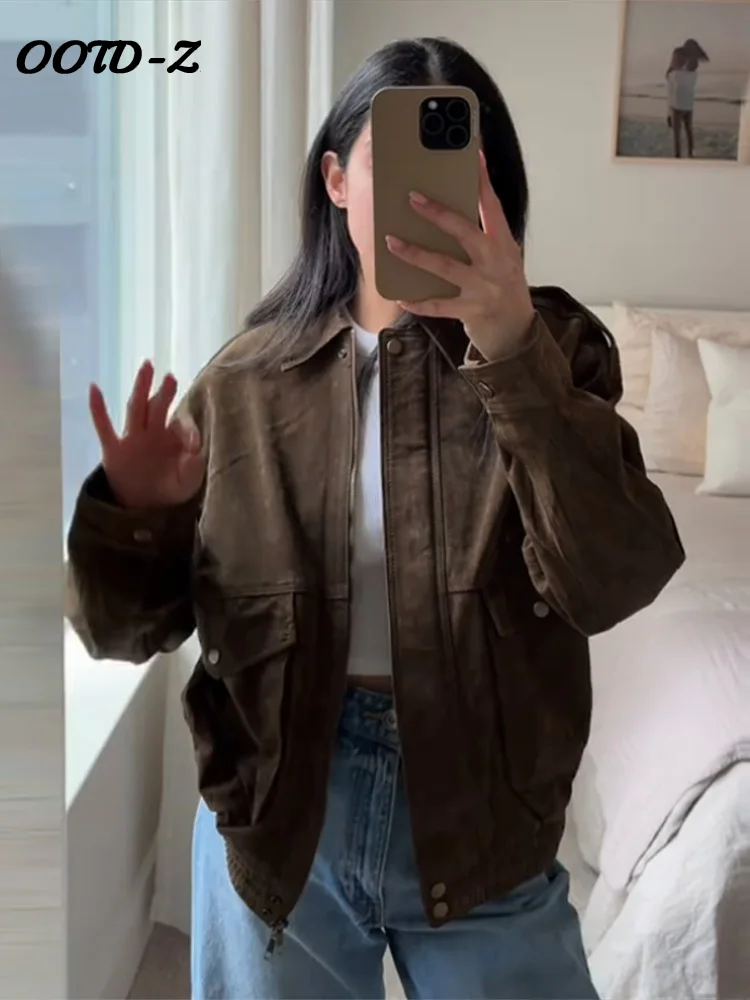 Spring High Street Women's Brown Coat with Big Pockets and Zipper