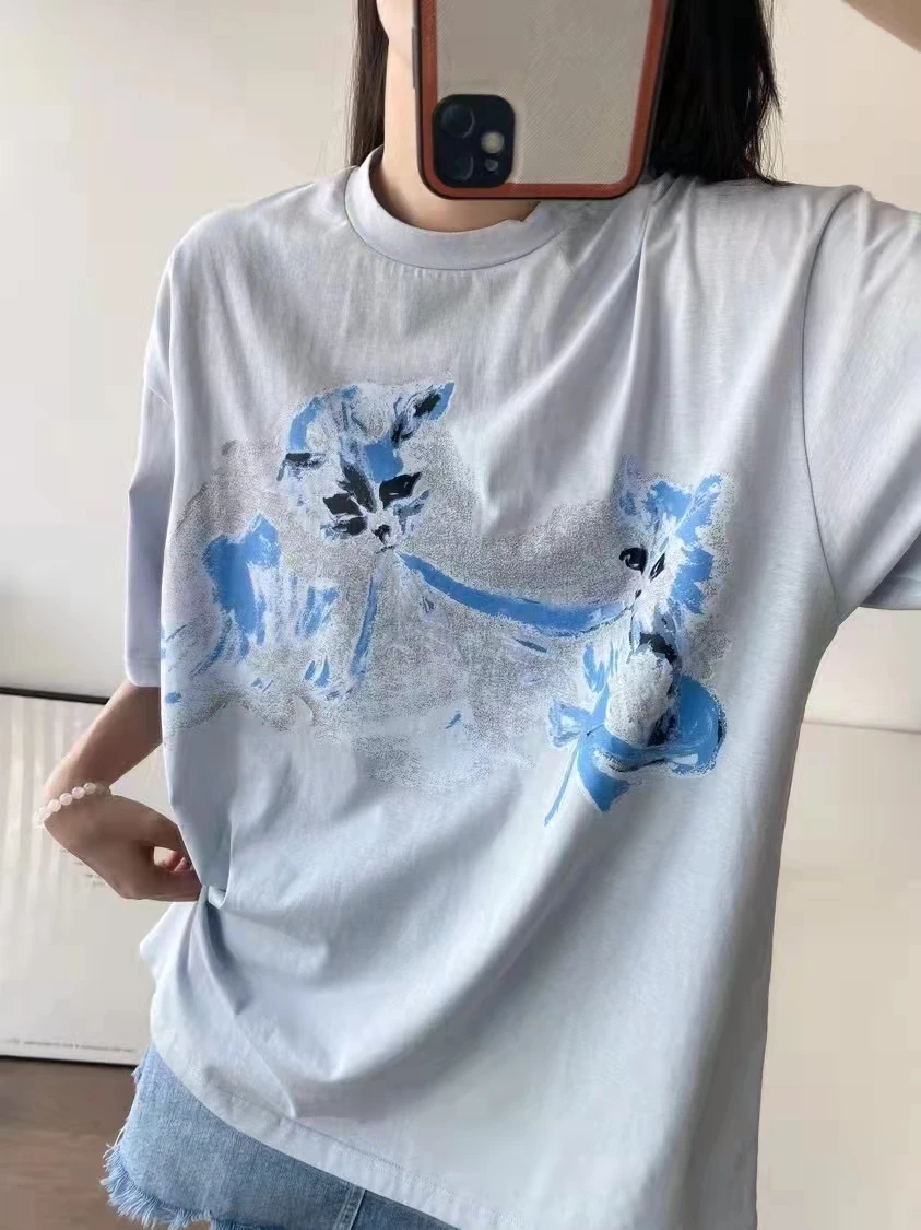 

2023 New fashion good quality runway cotton plain cat print T-shirt