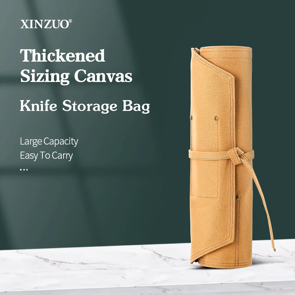 

XINZUO New Arrival Kitchen Knife Storage Bag Thickened Sizing Canvas+Crazy Horse Leather Camping Carrying Knife Bag