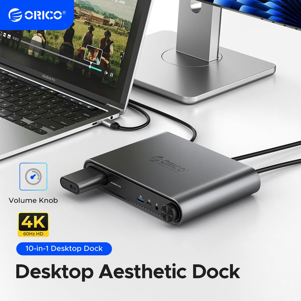 

ORICO 10 in1 USB C Docking Dtation with M.2 SSD Enclosure PD100W Charging Ethernet 4K60Hz HDMI-com 3.5mm Audio Volume Control