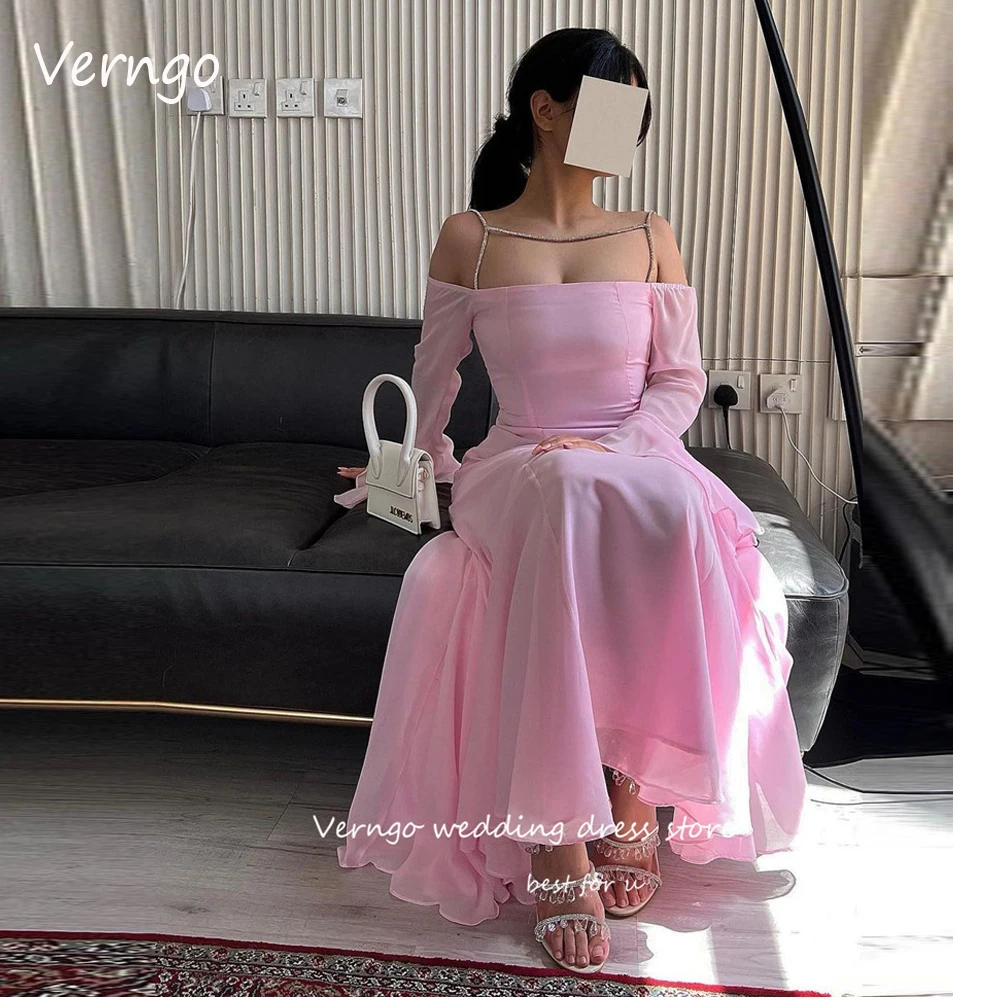 

Verngo Crystal Off the Shoulder Long Sleeves Pink Prom Party Dresses Arabic Femme Chiffon Mermaid Evening Gowns Formal 2023