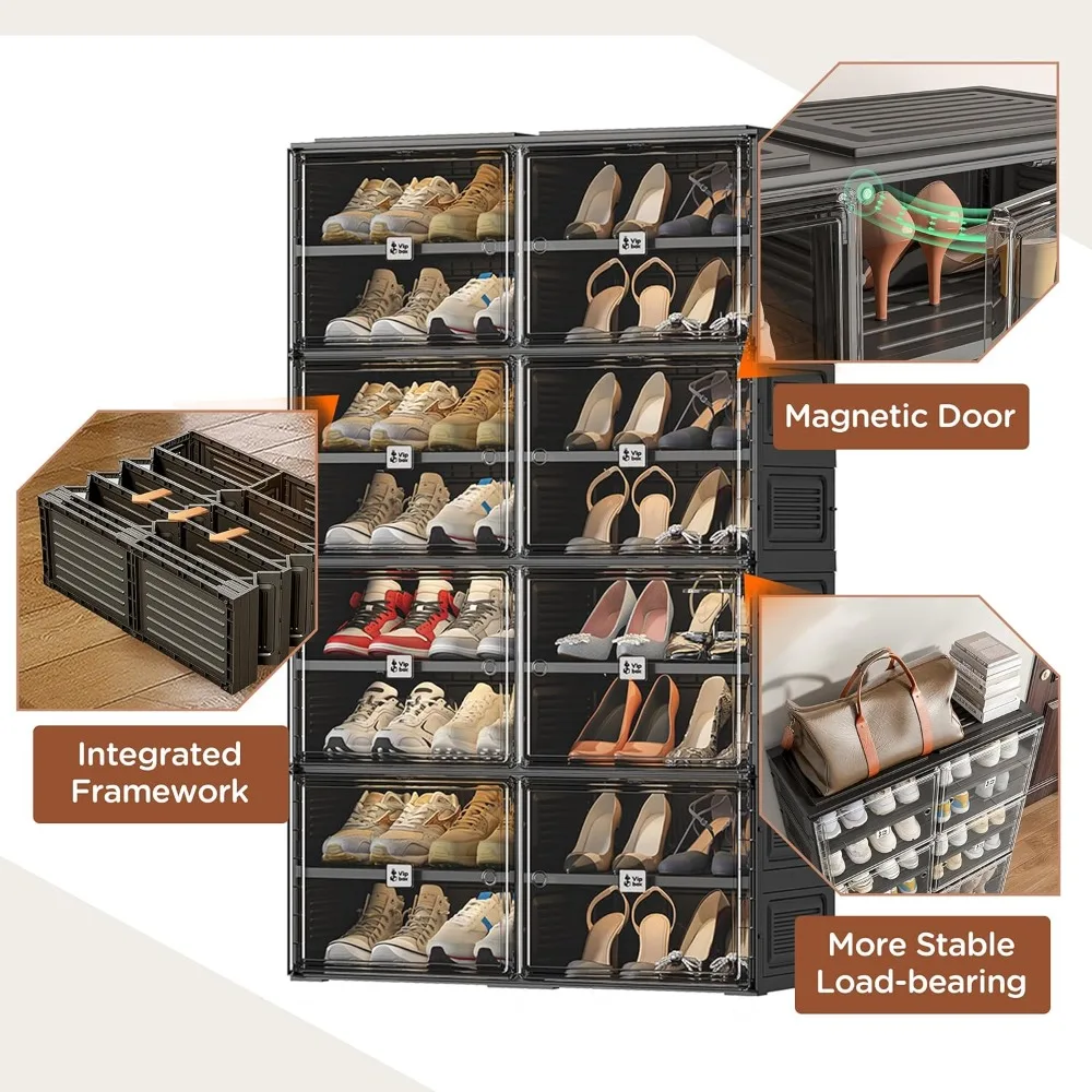 black shoe rack organizer cabinet for closet entryway,clear shoe storage boxes stackable sneaker storage with door easy assembly