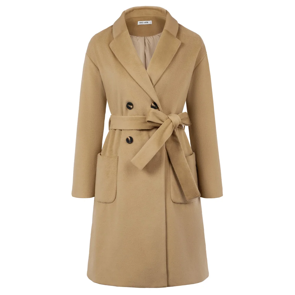 GK Women Double Breasted Overcoat Dropped Shoulder Lapel Collar Peacoat Autumn Winter Vintage Retro Office Lady Fashion Jackets