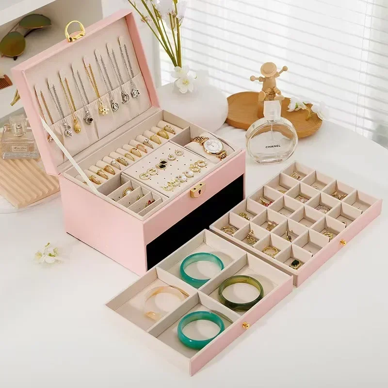 Three-layer Large-capacity Box with Compartments for Necklaces, Bracelets, Rings, Watch Storage, and Earrings and Jewelry Box