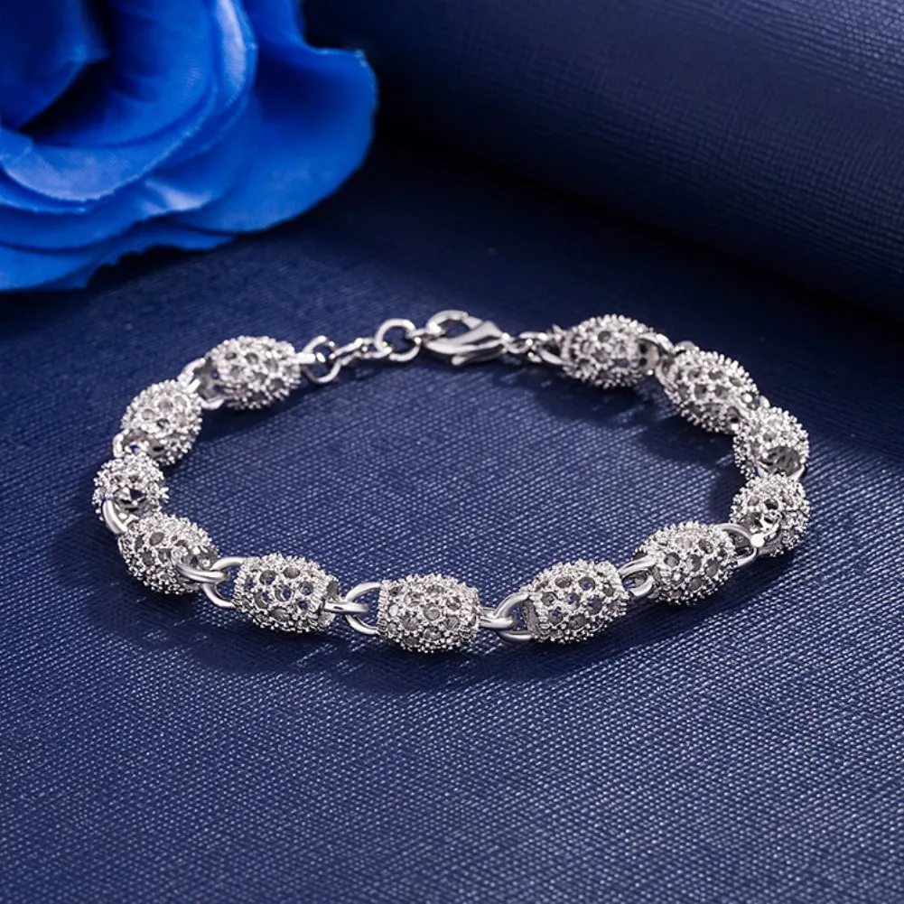 

925 Sterling Silver Bracelets for Women Frosted hollow ball 20CM Chain Fashion Wedding Party Girl Christmas Gift fine Jewelry