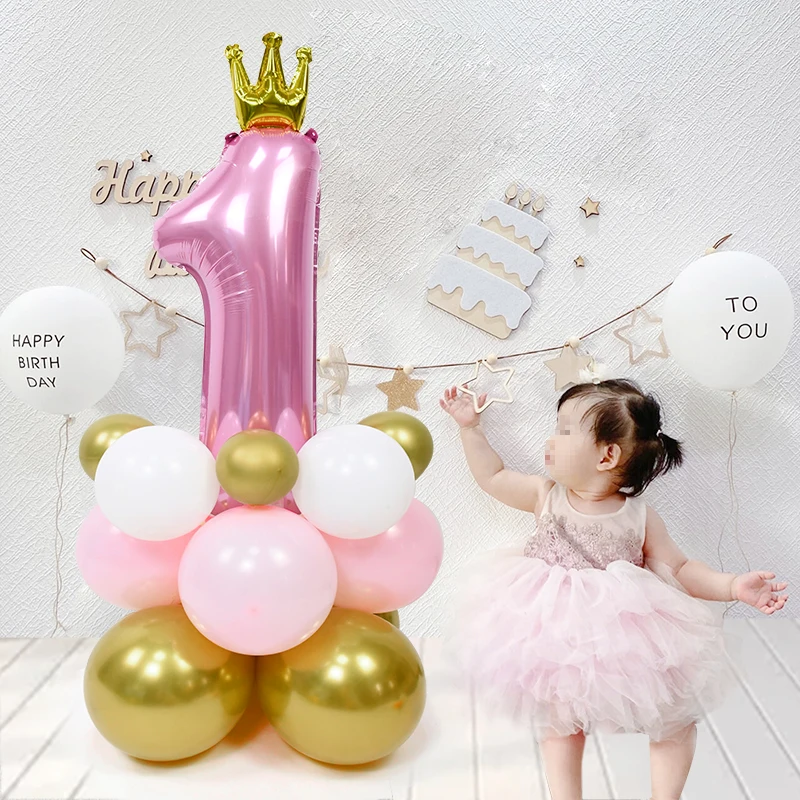 

1st Happy Birthday Pink Blue Balloon Digital 1 Balloon Column Boy Girl One Year Kids Birthday Party Decoration Baby Shower Decor