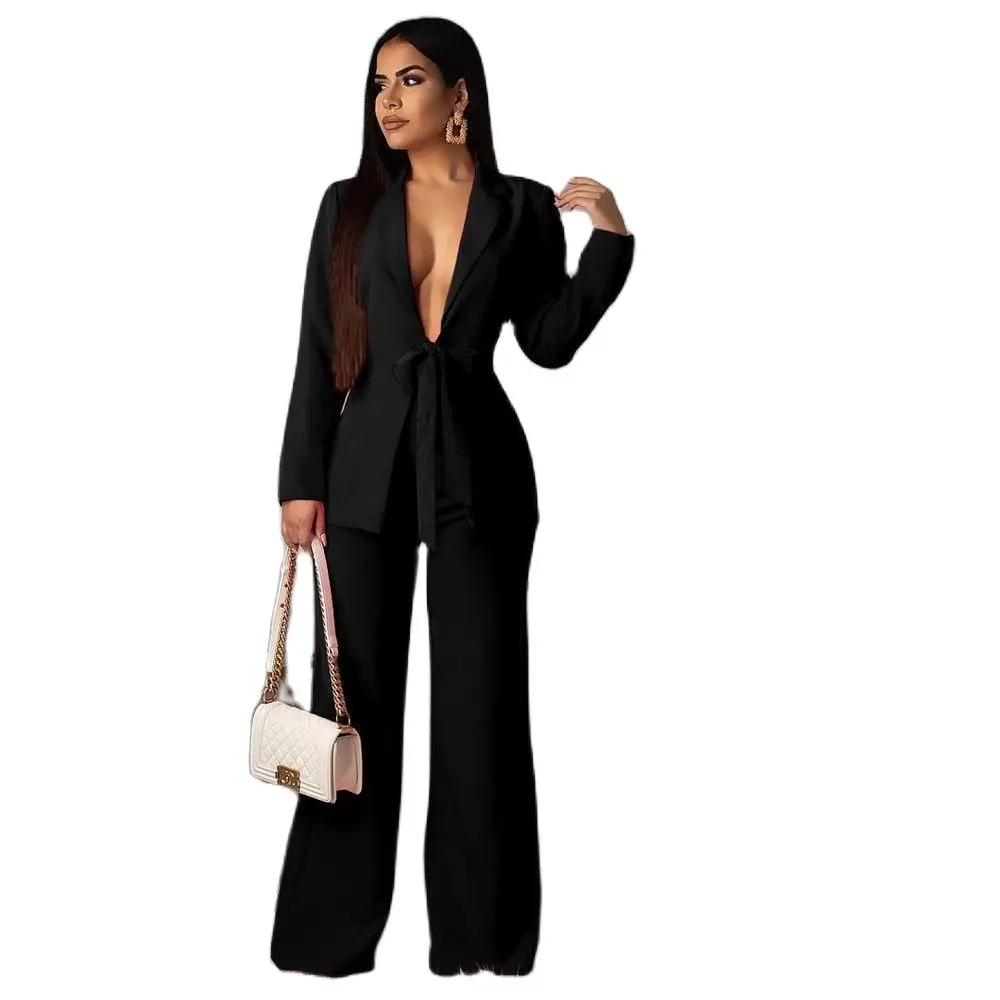 Elegant Women Formal Pant Sets 2023 New in Female Lace-up Blazers + Wide Leg Pant Suit Officie Lady Business 2 Piece Set