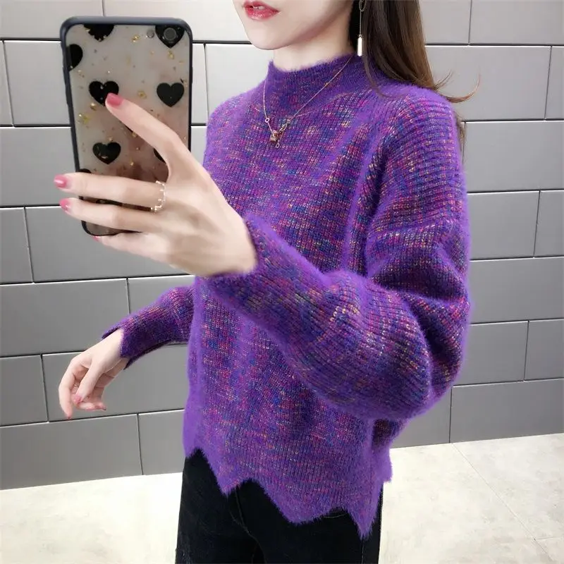 

Autumn Winter Knitted Jumper Tops Half High Collar Pullovers Casual Sweaters Women Shirt Long Sleeve Female Clothes B138