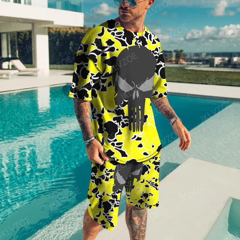 New Summer Men's Tracksuit Upscale Fashion 2 Pieces Bright Color Vintage Oversized Set Popular Skull Casual Handsome Streetwear