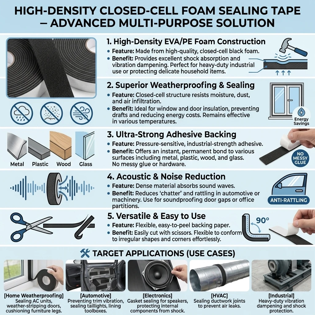 Premium Heavy Duty Double Sided Foam Tape - Waterproof, Strong Adhesive, Shockproof, Sound Insulation, Weather Resistant