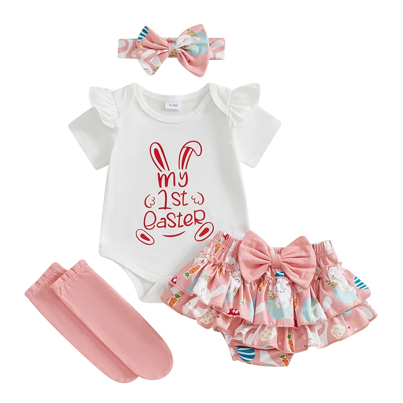 0-12M 내 첫 부활절 복장 소녀 토끼 Romper 바디 슈트 + 프릴 투투 반바지 Bloomer 1st Easter Clothes