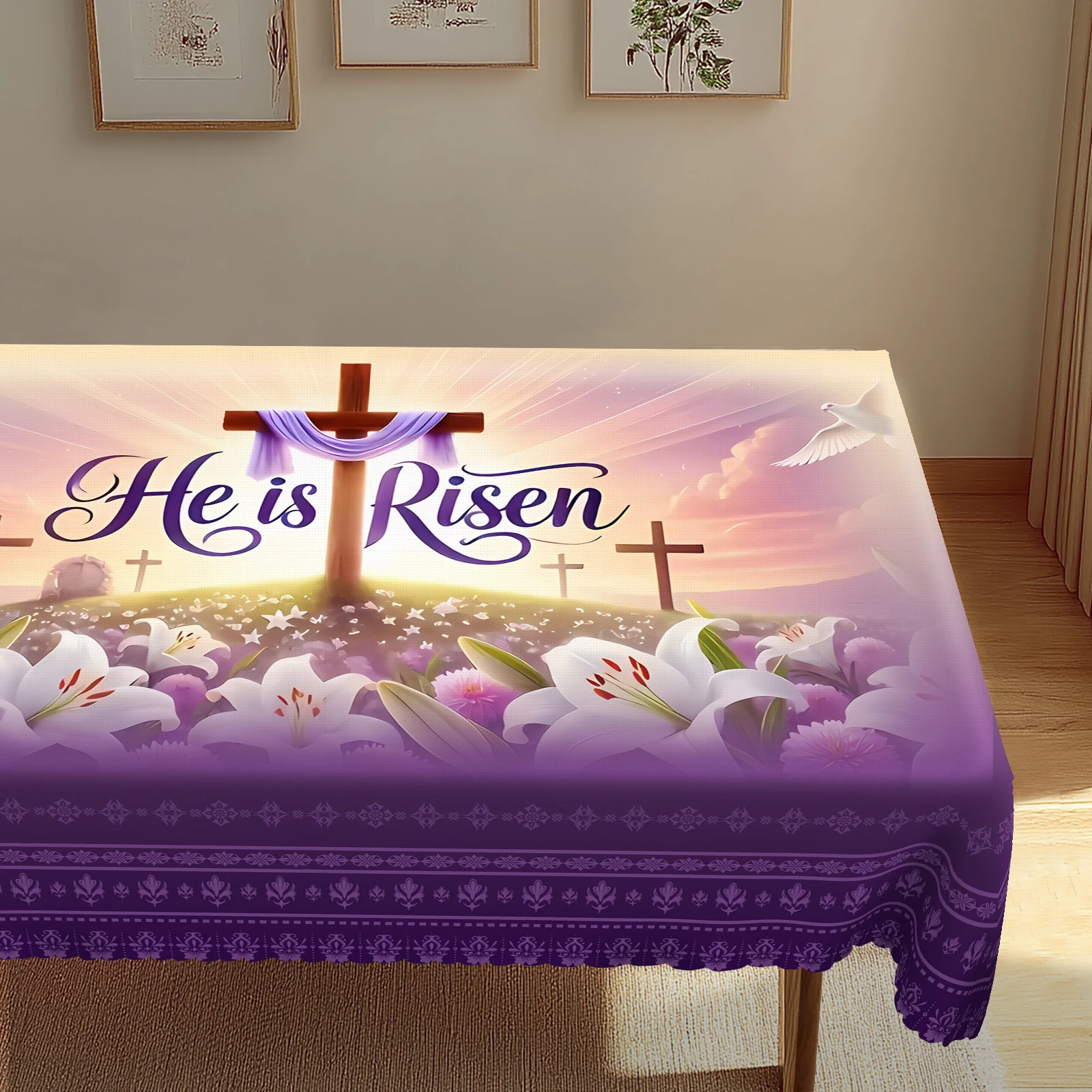 Easter themed printed tablecloth Spring/Summer lilies He has Risen Suitable for holiday party