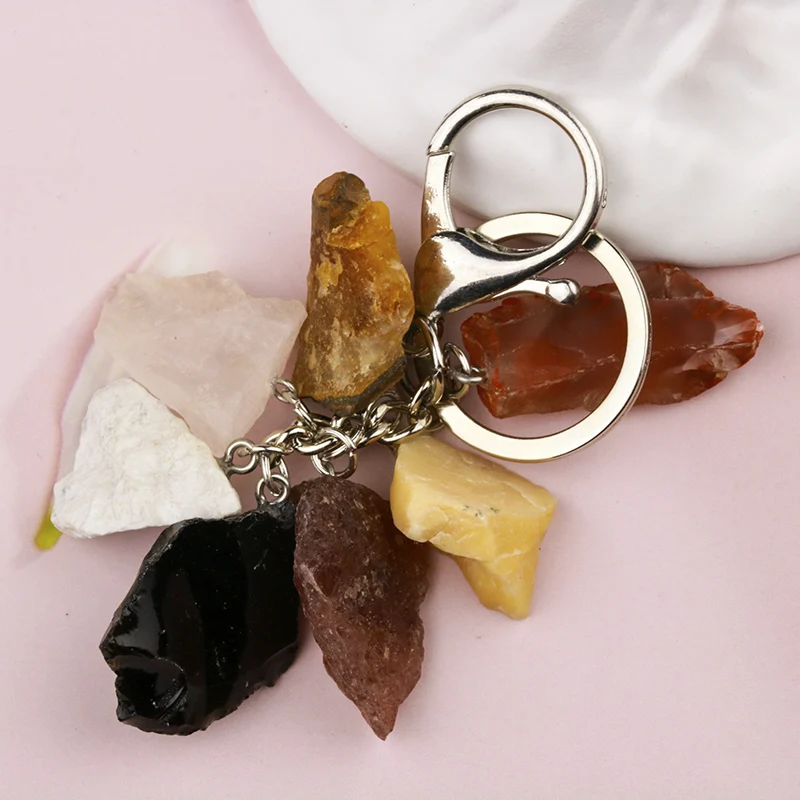 8pcs Natural Rough Raw Ore Seven Stone Key Rings Keychains Rose Quartz Amethyst Healing Crystal Car Decor Keyholder