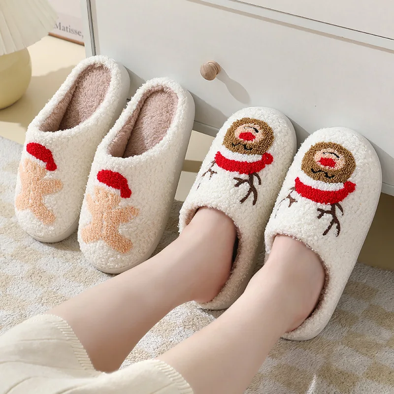 

Women Winter Home Cotton Slippers Christmas Gifts Santa Claus Elk Slippers Couples Cute Gingerbread Man Warm Cotton Slippers