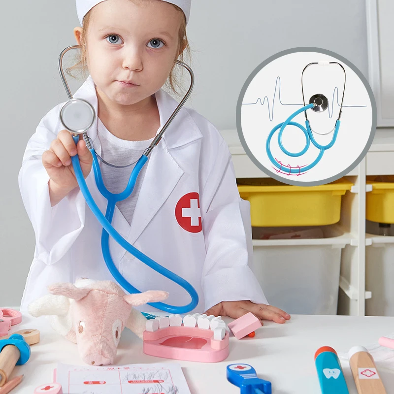 Doctor Kit for Kid Wooden Educational Pretend Medical Play Set Real Stethoscope Simulation Fun Role Doctor Playing Game Boy Gift 2