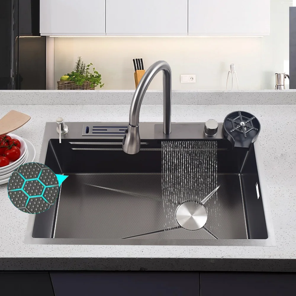 

luxury kitchen sinks 304 stainless steel china farmhouse sink modern waterfall rainfall single bowl kitchen sink set black