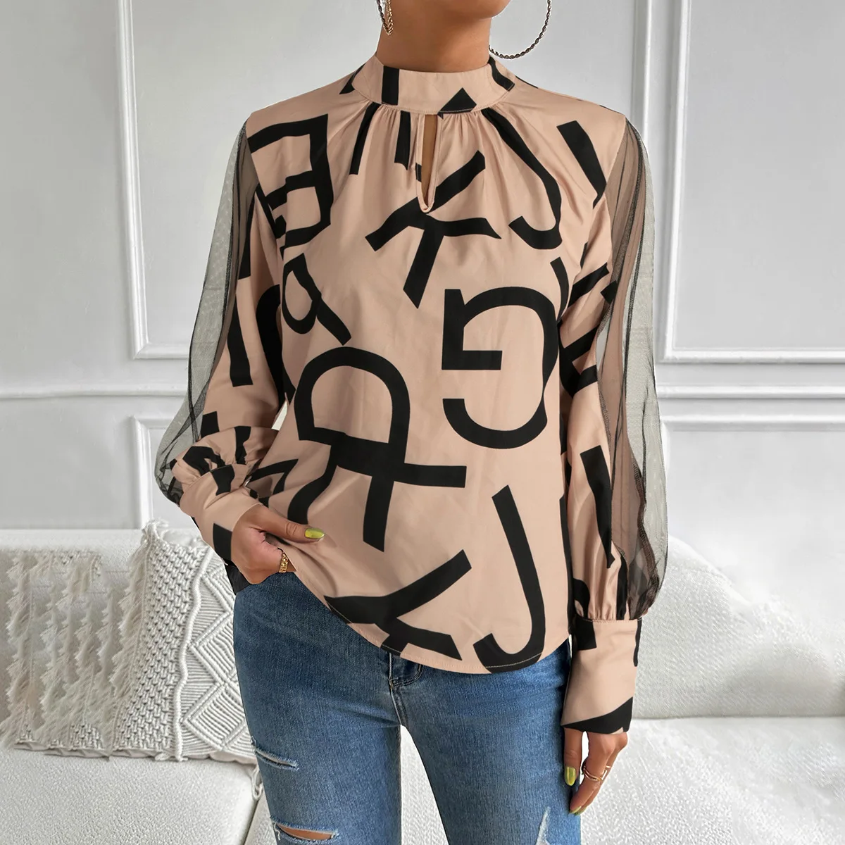 New Mesh Patchwork Pullover Shirt Blouse Women Fashion O-neck Long Sleeeve Shirts For Women 2024 Autumn Hollow Out Casual Tops