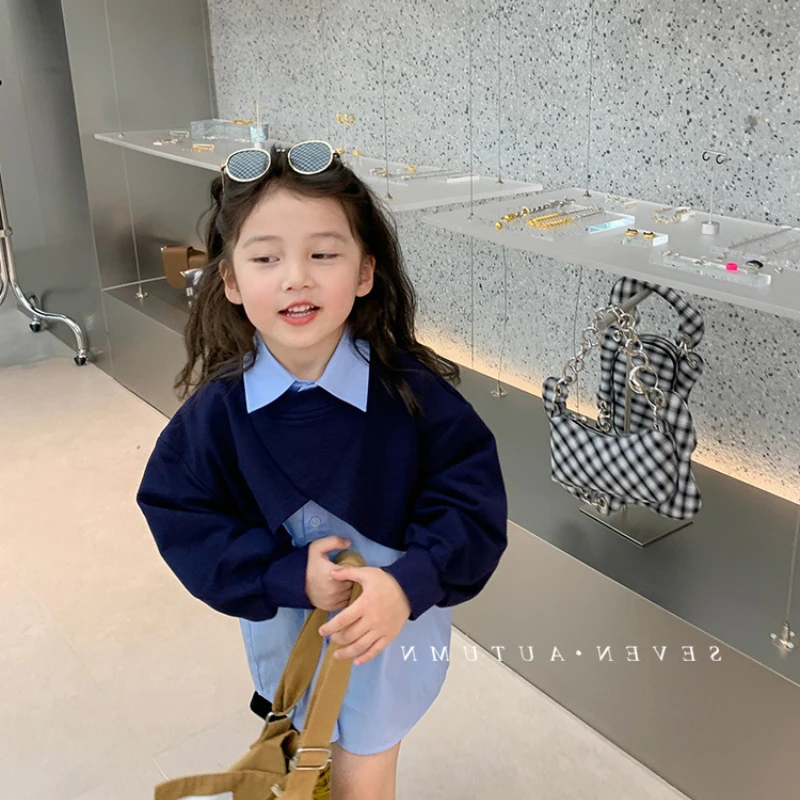 Kids Shirts Shirts Girls Blouse Autumn Spring Long Sleeve Fake Two-piece Sweatshirt Children Clothes Girl School Shirt Korean Girls Clothing