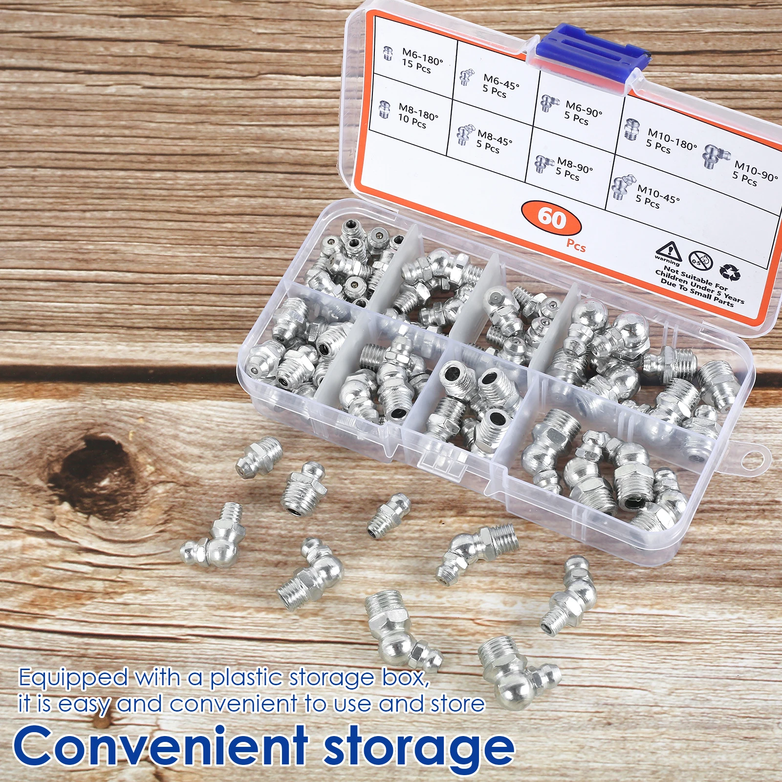 Grease fitting assortment 60/120 pcs metric straight 45&deg;/90&deg; angle galvanized metal nipple storage box