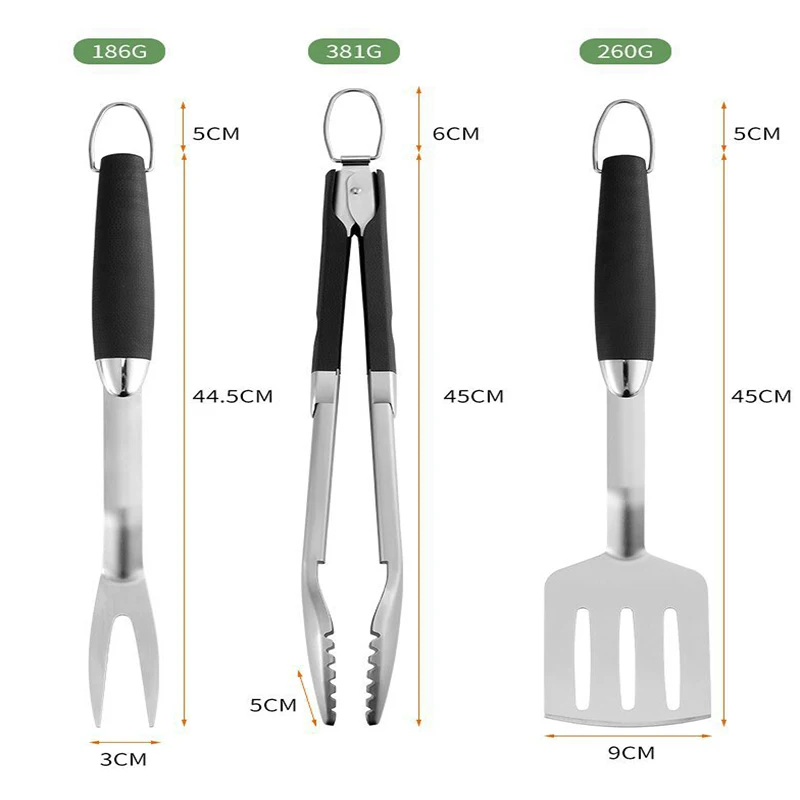 BBQ Grilling Tools Set Plastic Handle Stainless Steel Combination Barbecue Fork Shovel Clip Three Sets of Accessories
