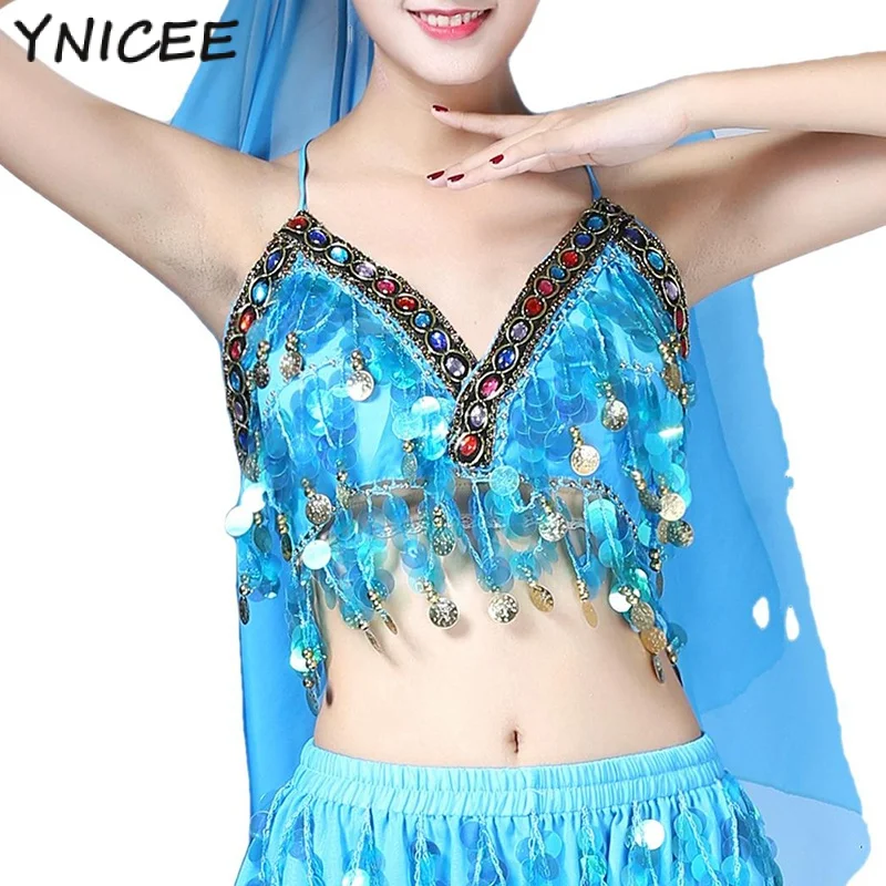 

Women Belly Dance Sequin Beaded Bra Tassel Top Halter Neck Tank Vest Salsa Samba Dancing Performance Costumes