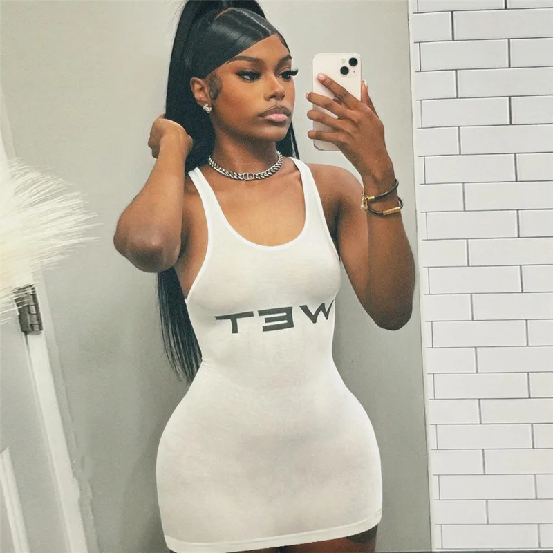 

Sporty Sexy Women Letter Printed Bodycon Dress Sleeveless Slim White Tanks Dress Party Club Lady Wear Low-cut Mini Dress Summer