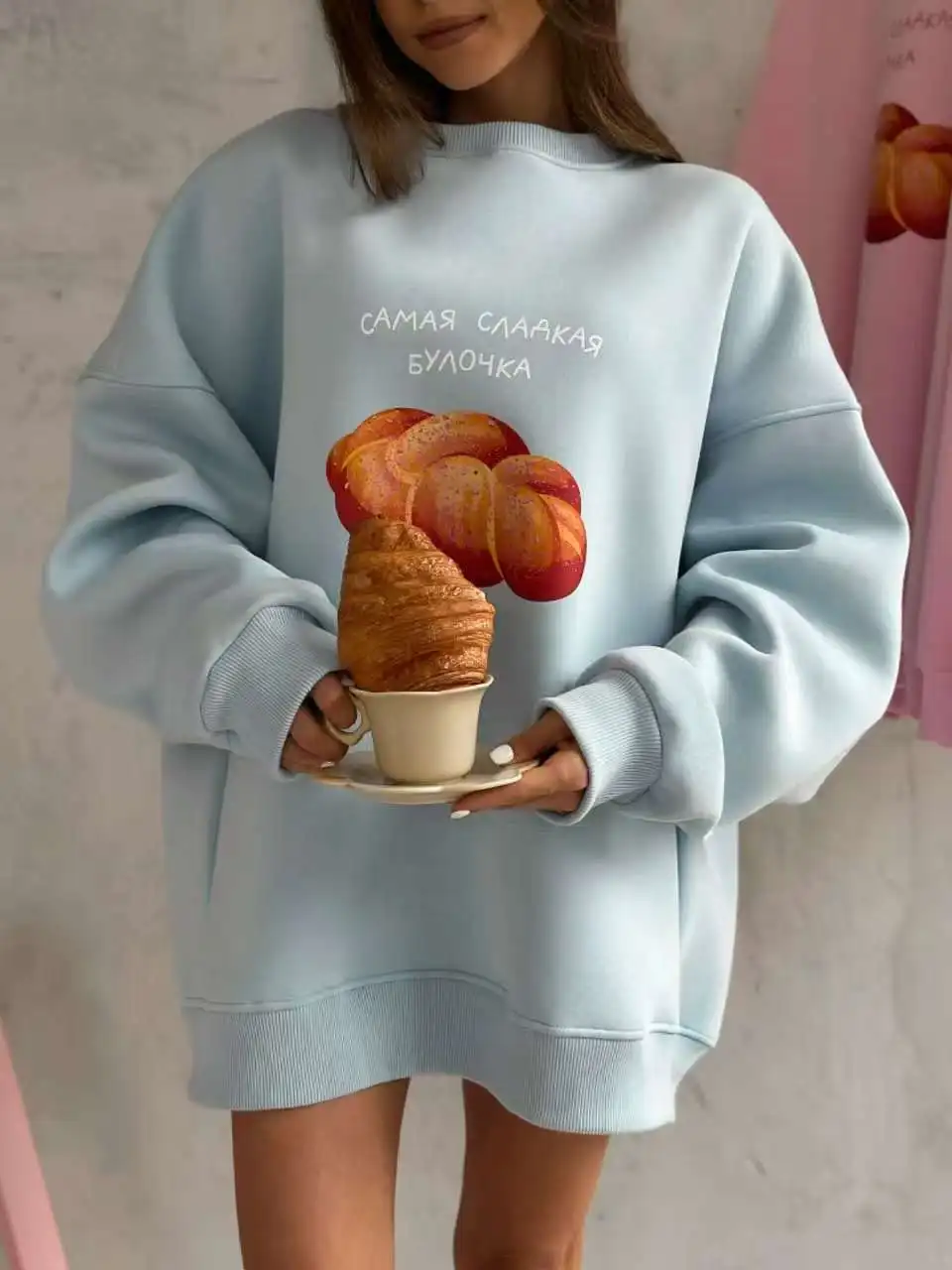 Blue Russian Bread Printing Oversized Sweatshirt Women Thin Autumn 2026 Hoodies O Neck Long Sleeve Loose European Fashion 3XL