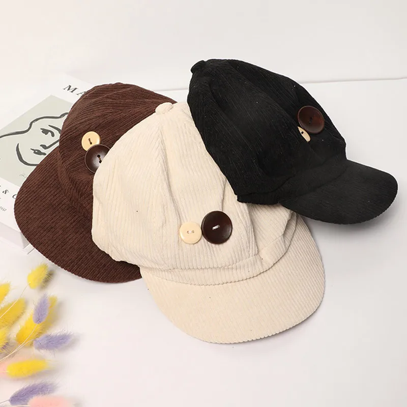 RICYGVM Berretto ottagonale in velluto a coste con bottoni retrò per donne, cappello da pittore, artista, ragazze giapponesi, berretti con visiera marroni, berretti autunnali e invernali_voghion.com