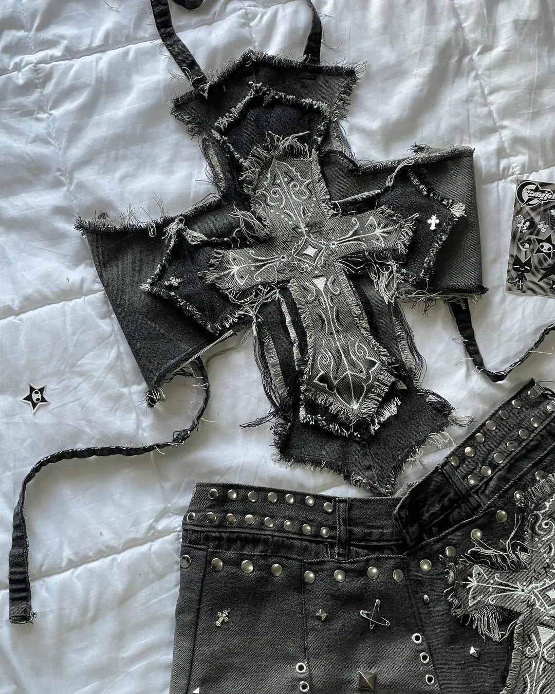 Women Y2K Streetwear Skirt Sets Gothic Retro Dark Cross Graphic Patch Denim Mini Skirt Halter Tops Harajuku Slim Fit women skirt sets