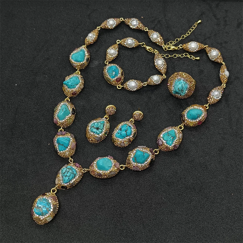 

Irregular Turquoise Necklace Set Women's Personality Exaggerates Noble Luxury Ladies Prom Party Exquisite Wedding Jewelry