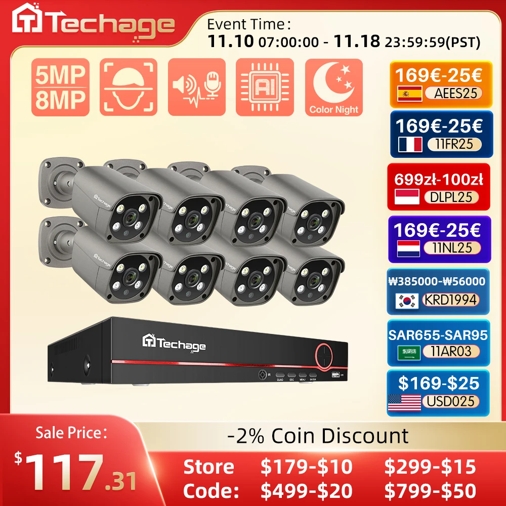 Security Camera Techage 8CH 5MP 8MP 4K HD POE For Facial Recognition Two-way Audio