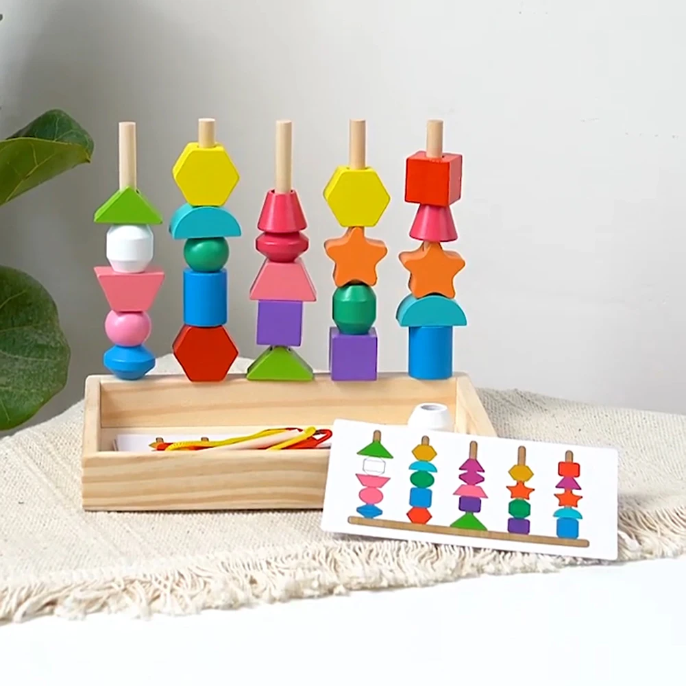 Montessori Toys Wooden Lacing Beads Toys Sequencing & Stacking Block Toy Fine Motor Skills Toys for Toddlers 2 3 4 5 Years Old
