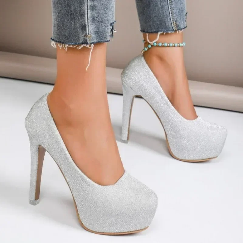 2024 Women's Shoes Fashion Platform High Heels Women's Wedding Shoes Solid Sequin Round Toe Elegant Women's High Heels Zapatos 4
