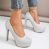 2024 Women's Shoes Fashion Platform High Heels Women's Wedding Shoes Solid Sequin Round Toe Elegant Women's High Heels Zapatos 4