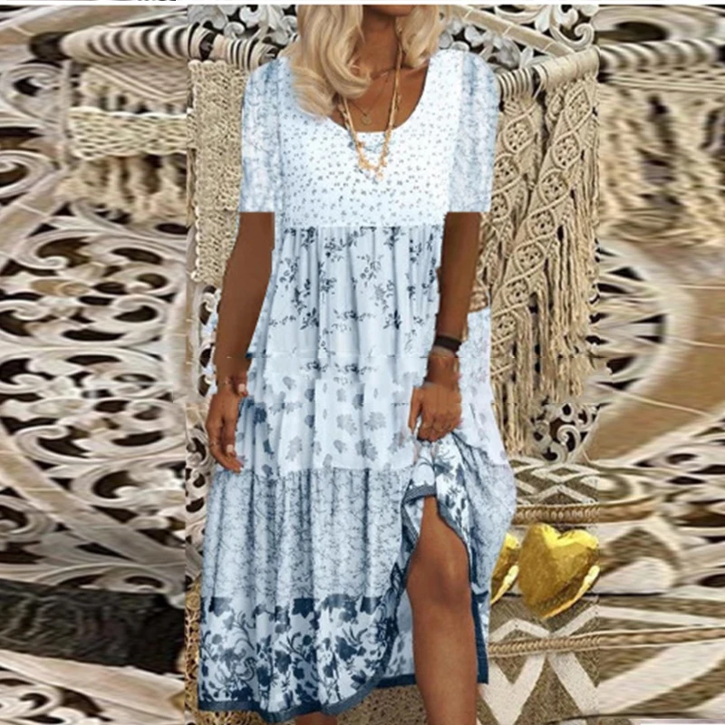 

Elegant Women Patchwork Printed Office Long Dress Summer Short Sleeve O-neck Party Dress 2023 Loose Pleated Vintage Dresses