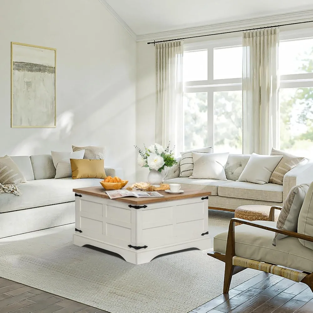 Farmhouse Coffee Table with Hinged Lift Top and Large Hidden Storage Compartment, Rustic Square Wood Central Table for 3