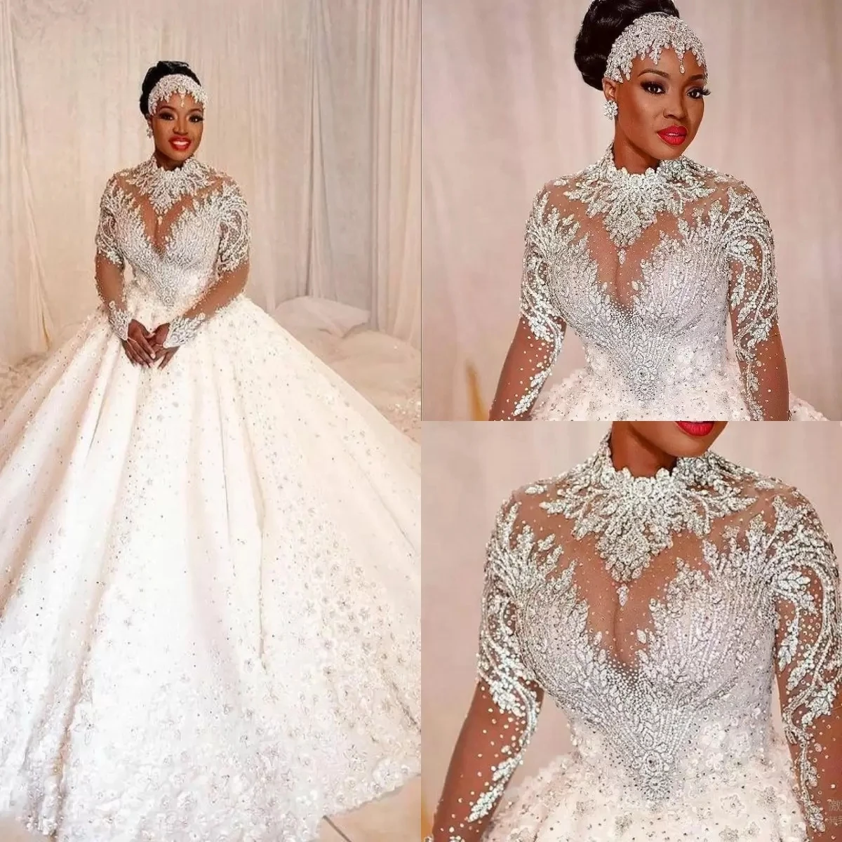 

Plus Size Ball Wedding Dresses Lace Appliqued Beaded High Neck Muslim Long Sleeve Custom Made Dubai Arabia Bridal Gowns