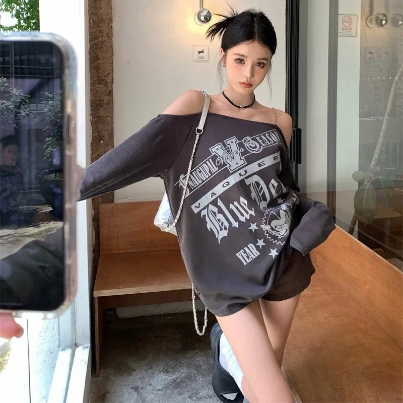 

2024 Ropa Mujer Casual Harajuku Fashion Sweatshirts Oversized Hoodie Women Chain Off Shoulder Print Long Sleeve Y2k Tops