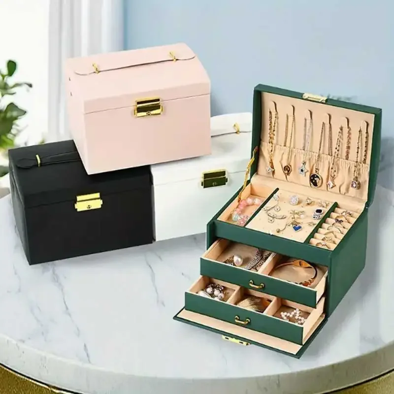 Three Drawer Handheld Jewellery Box Earring Ring Necklace Storage Box PU Leather Jewellery Display Box With Security Key Lock